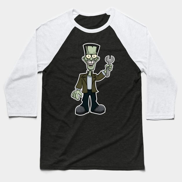 Frankenstein with Wrench Baseball T-Shirt by Wislander